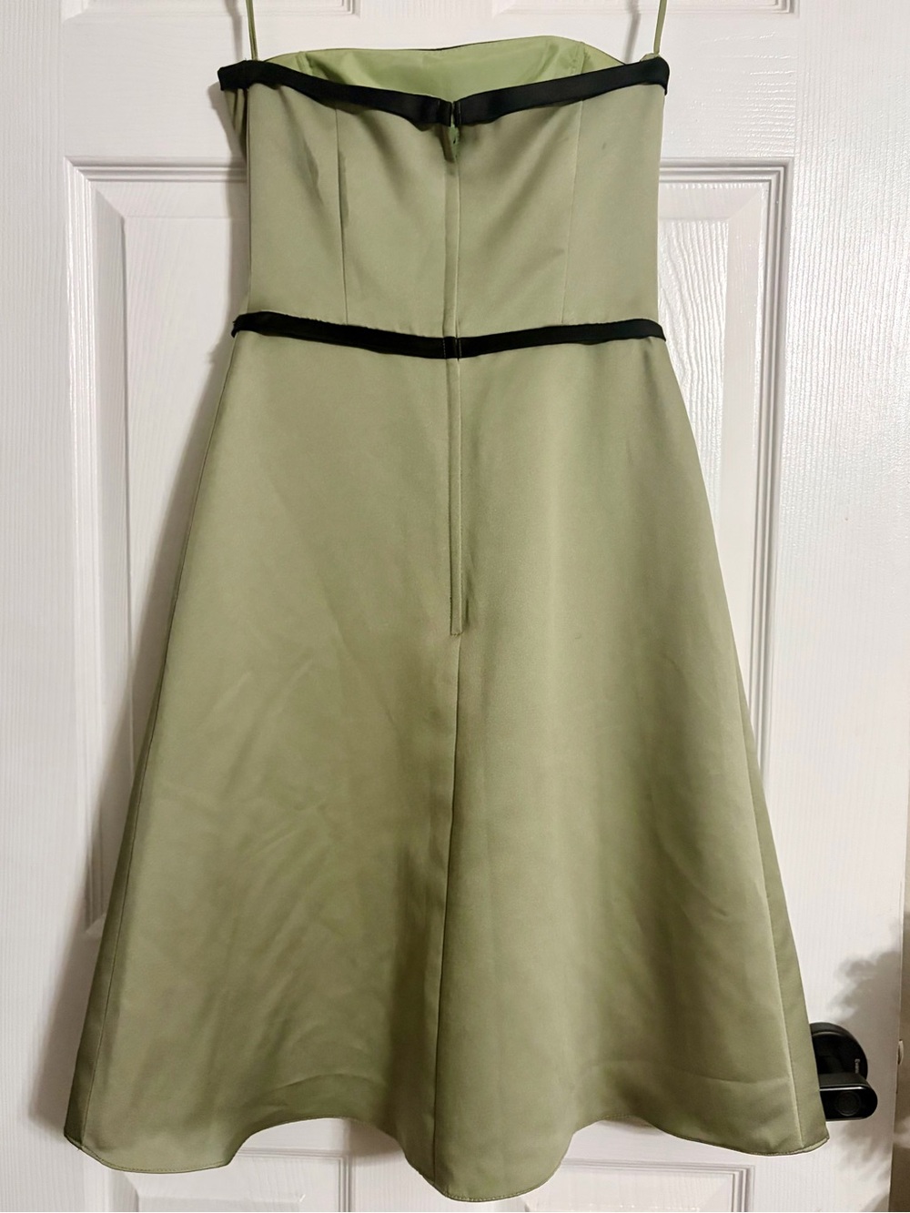 Vintage Joanie G. Strapless Sage Green Dress Size 2 Black Trim Waist Tie - Picture 4 of 8